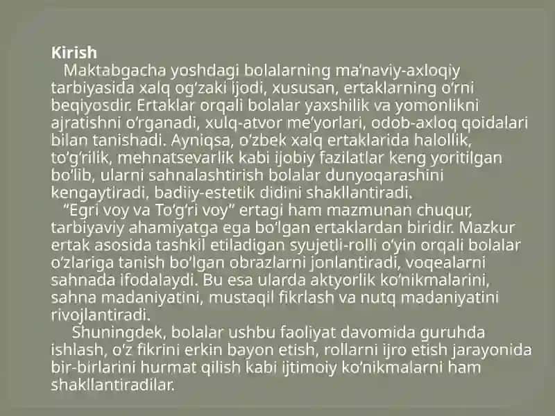 EGRIVOY  VA TUG’RIVOY O’ZBEK XALQ ERTAGI(KATTA GURUH). SYUJEDLI –ROLLI O’YINLAR VA SAHNALASHTIRISH MARKAZI 3