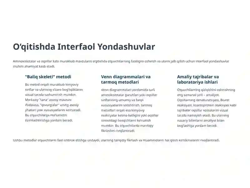 Aminokislotalar va Oqsillar: Ularning Xossalari va O‘qitish Metodikasi 3