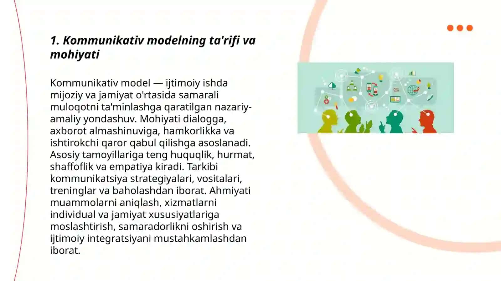 Ishtimoiy ishning majmuali yo’naltirilgan modellari xususiyatlari: kommunikativ model 3