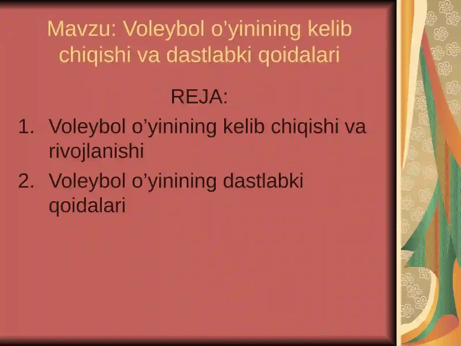 Sport o’yinlari (voleybol) fanidan ma’ruza mashg’uloti 3