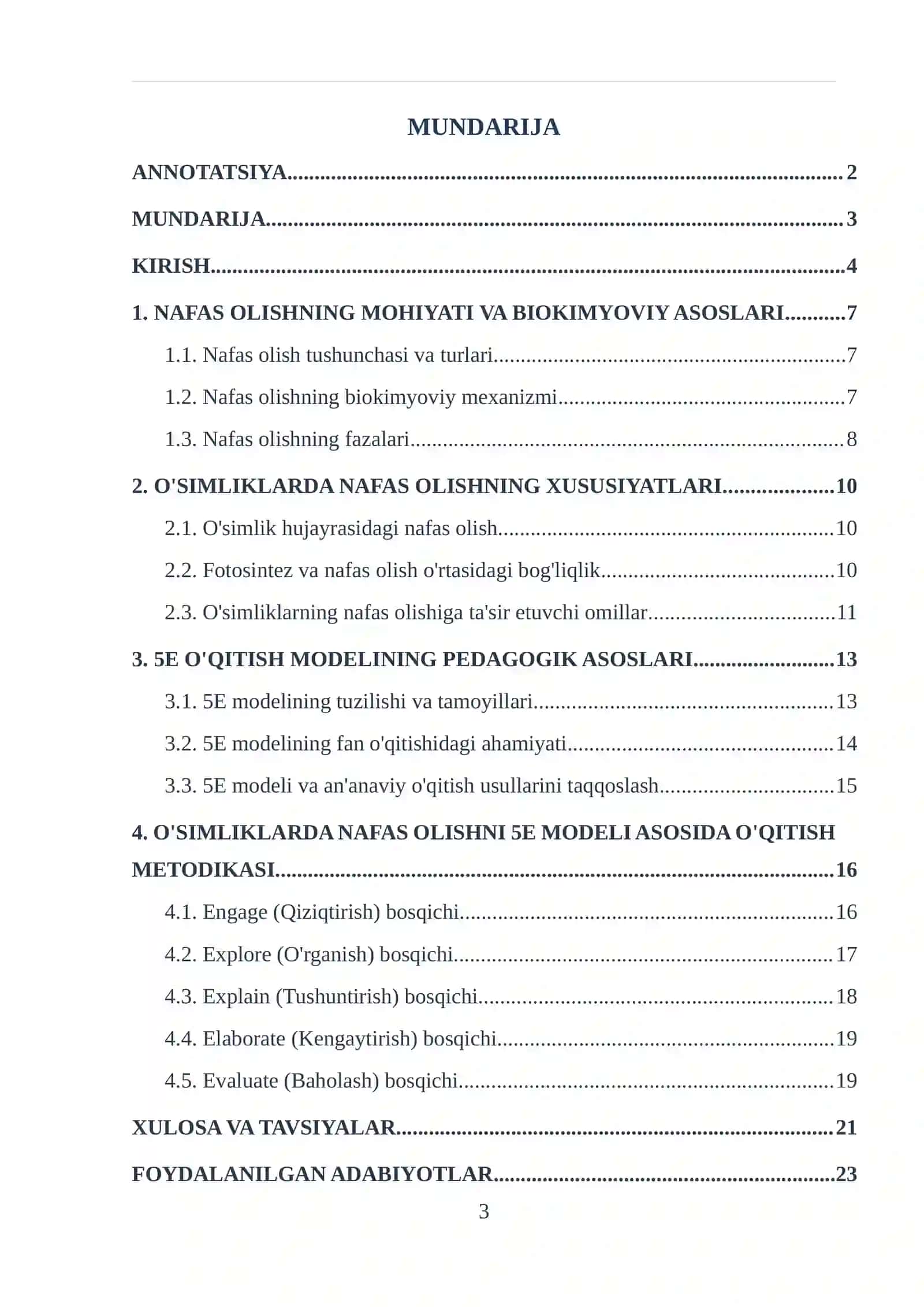 "NAFAS OLISHNING MOHIYATI VA O'SIMLIKLARNING NAFAS OLISHINI 5E MODELI ASOSIDA O'QITISH METODIKASI" loyiha ishi 3