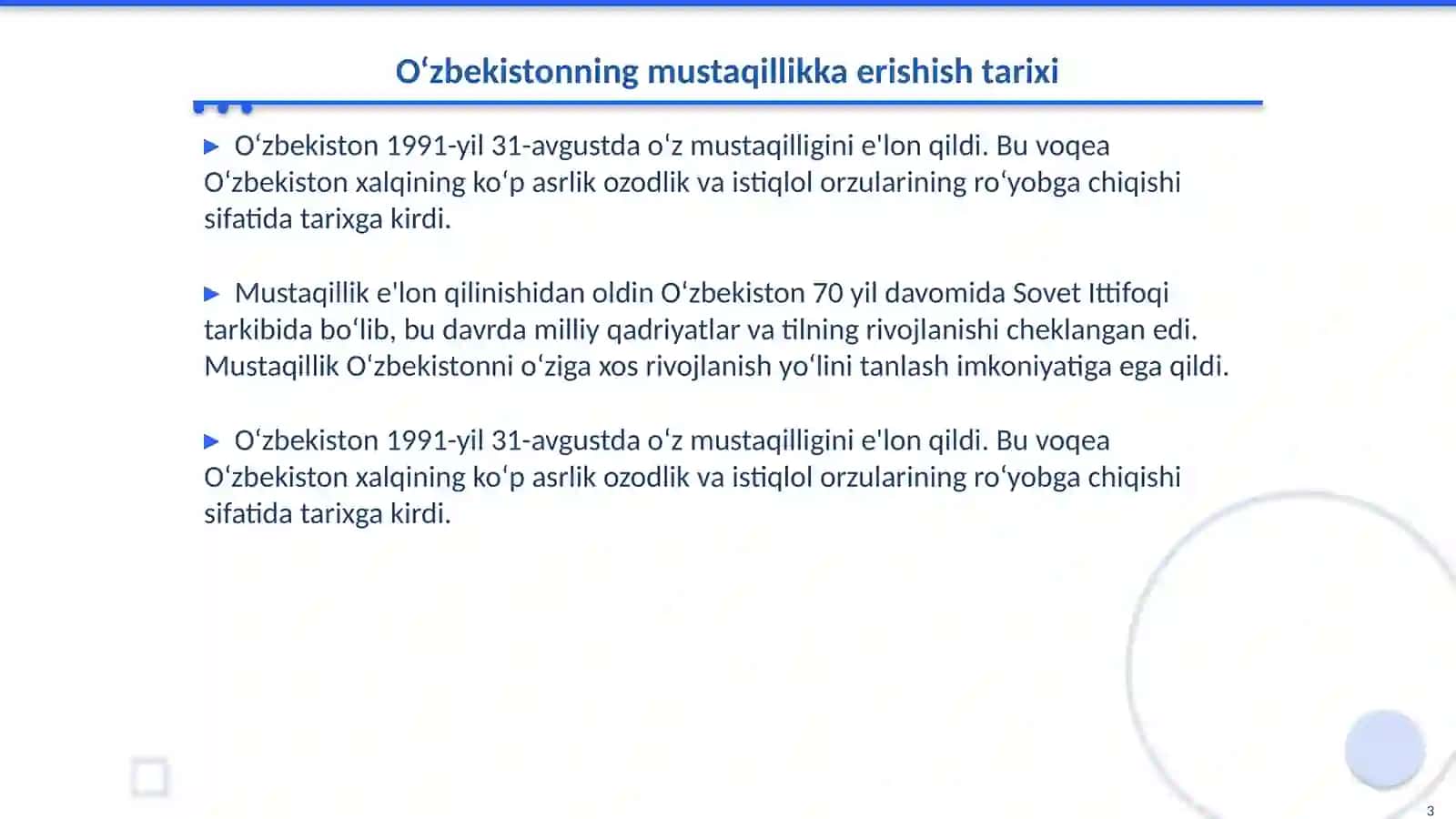 Mustaqil O‘zbekiston Respublikasi tashkil topishining tarixiy ahamiyati, O‘zbekistonning o‘ziga xos istiqlol va taraqqiyot yo‘li 3