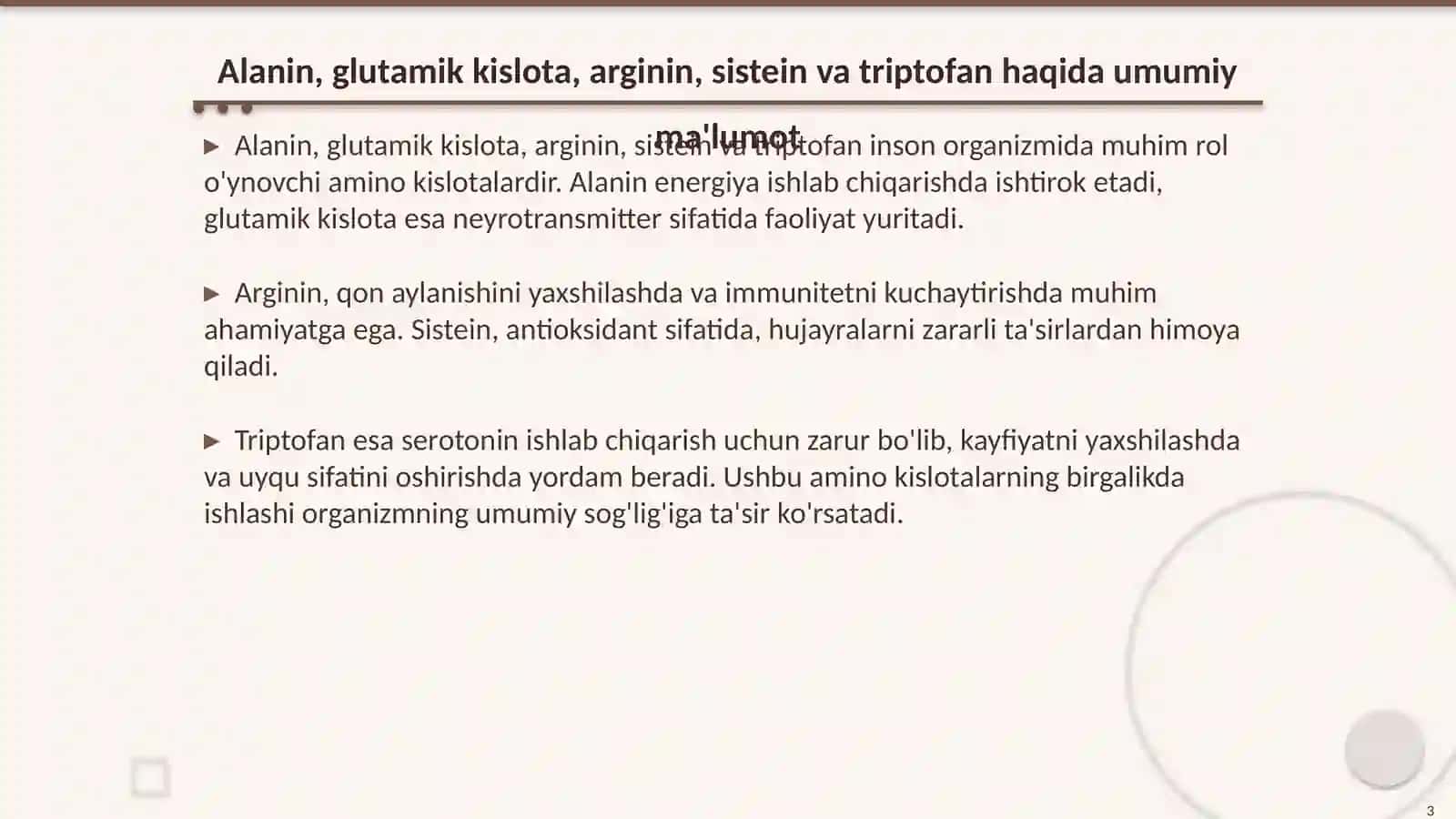 Alanin, glutamik kislota, arginin, sistein va triptofan aralashmasi pH 5,5 da elektroforez bilan ajratish 3