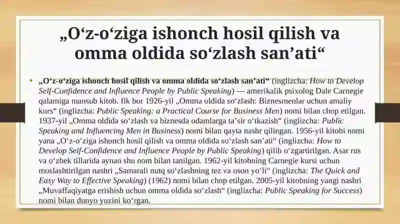 D. Karneginning " o'z-o'ziga ishonch hosil qilish va omma oldida so'zlash san'ati" kitobiga 3