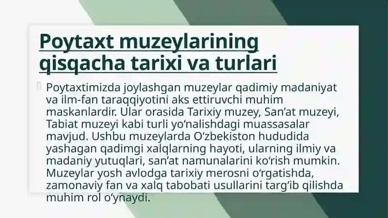 Poytaxt muzeylarida qadimiy madaniyat va fan. Zamonaviy xalq tabobati usullari 3