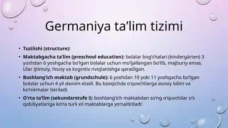 Germaniya taʼlim tizimi,AQSh taʼlim tizimi, Fransiya taʼlim tizimi, Rossiya taʼlim tizimini oʻrganish. 3