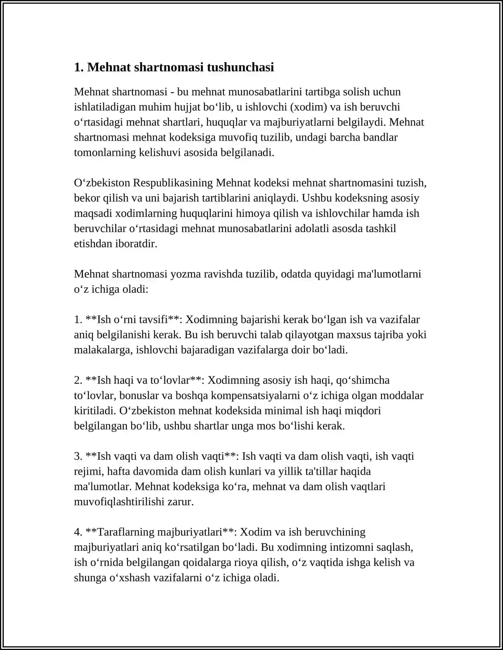 MUSTAQIL ISH Mavzu: OʻZBEKISTON RESPUBLIKASINING MEHNAT KODEKSI HAQIDA 3