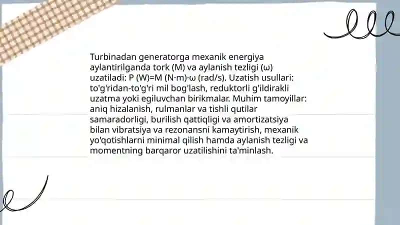 Turbina va generator o'rtasidagi energetik bog'lanish 3