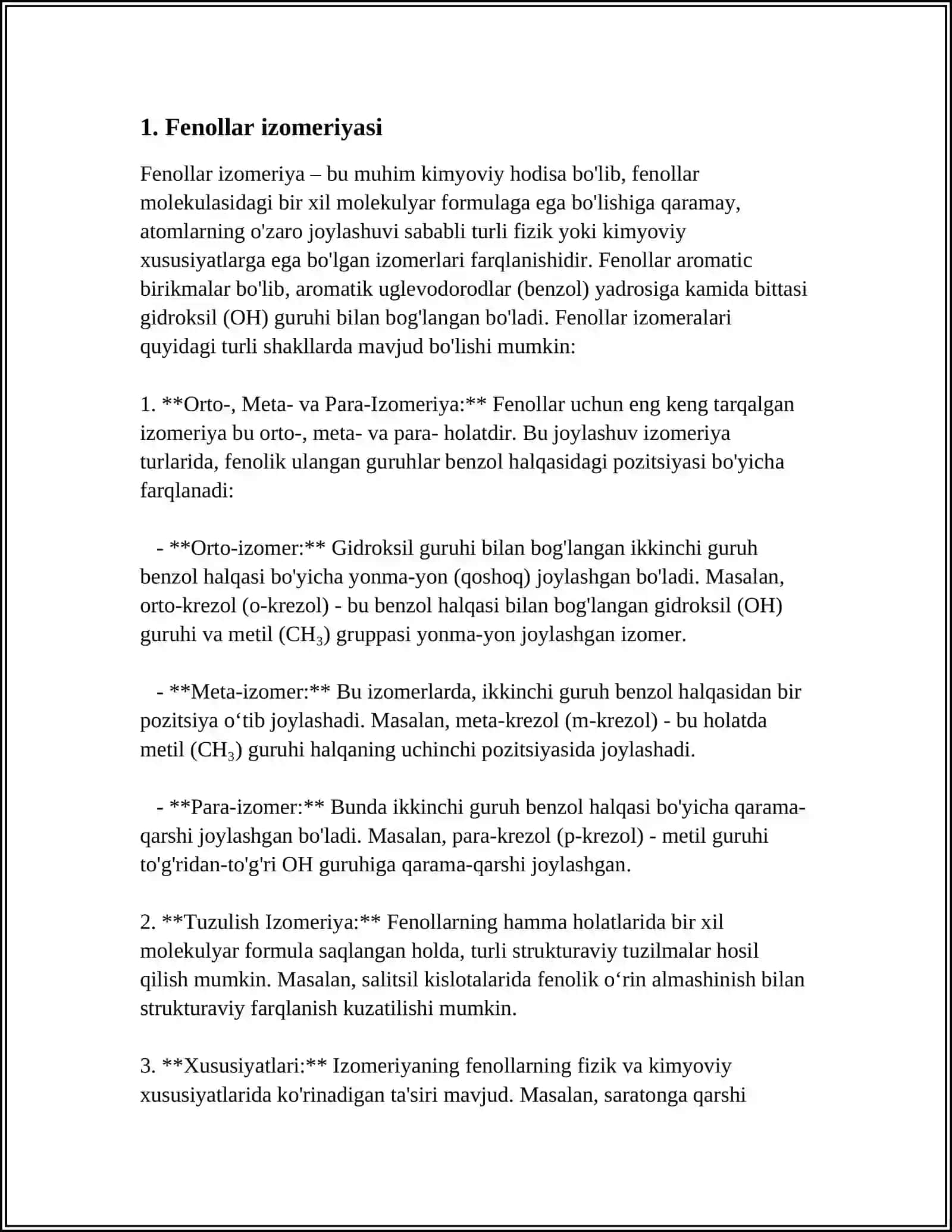 FENOLLAR IZOMERIYASI TUZILISHI GOMOLOGI OLINISHI FIZIK KIMYOVIY XOSSASI NOMLANISHI ISHLATISHI 3