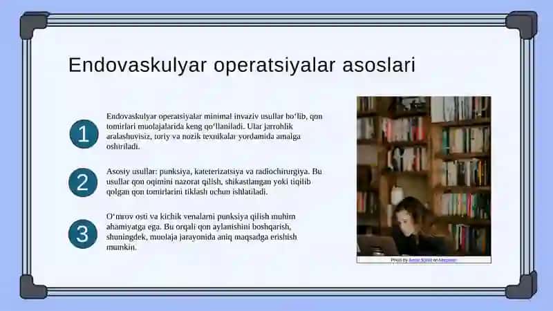 Endovaskulyar operatsiyalar. O‘mrov osti va son venalarini punksiya qilish va kateterlash. Mikroxirurgik texnika. Transplantologiyada mikroxirurgiyaning qo‘llanilishi. 3