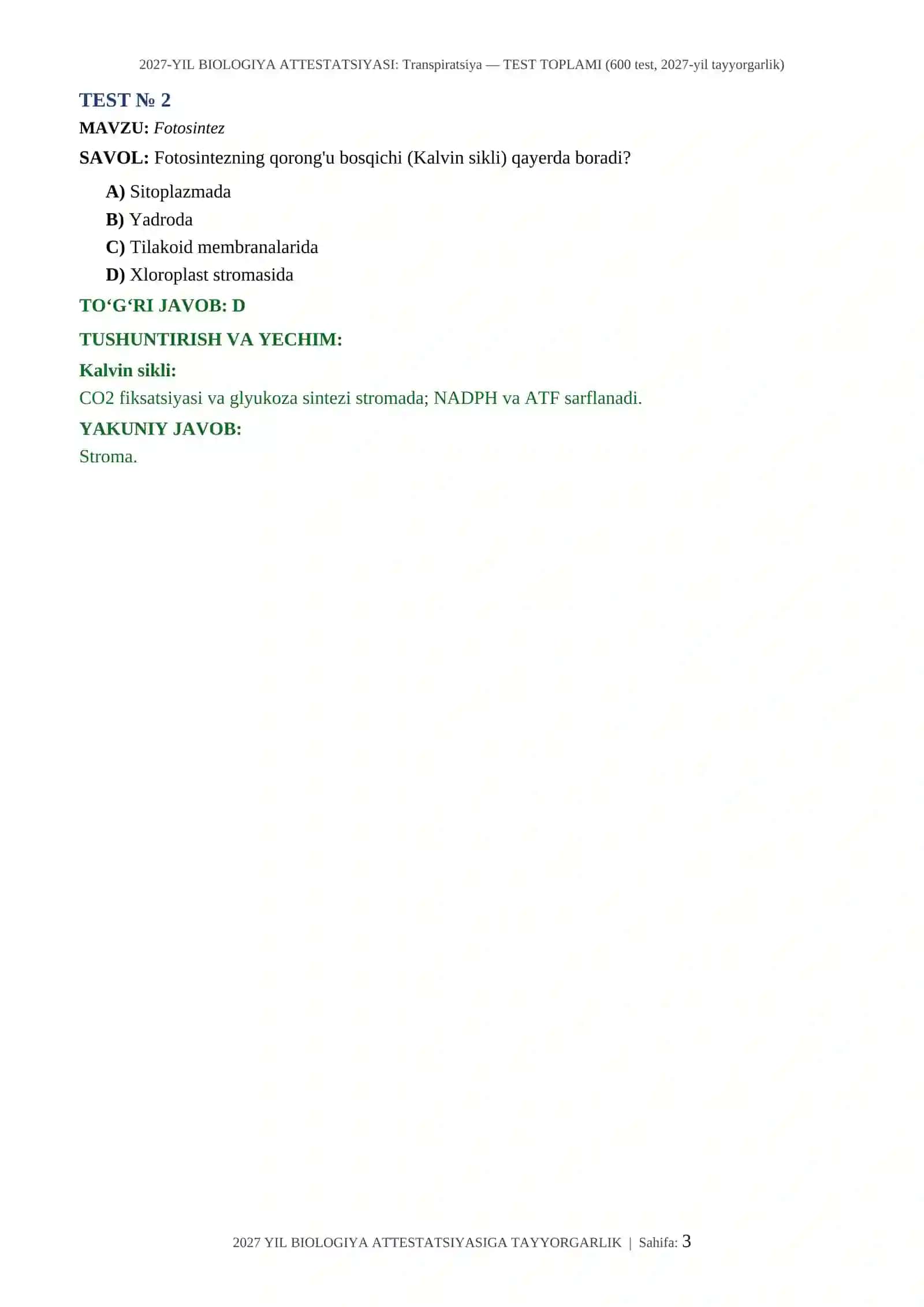 2027-YIL BIOLOGIYA ATTESTATSIYASI: Transpiratsiya — TEST TOPLAMI (600 test, 2027-yil tayyorgarlik) 3