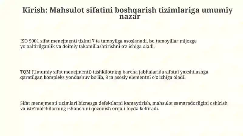 Mahsulot sifatini boshqarish tizimlari (ISO 9001, TQM) va ularning amaliy qo'llanilishi 3