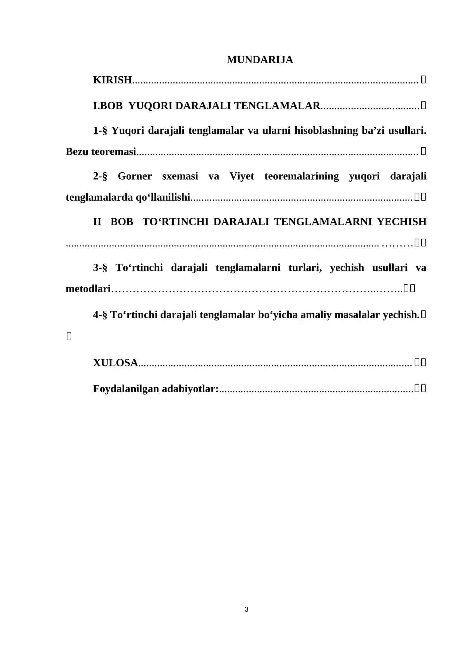 Algebra fanidan "TO‘RTINCHI DARAJALI TENGLAMALARNI YECHISHNING FERRARI USULI" mavzusidagi kurs ishi 3