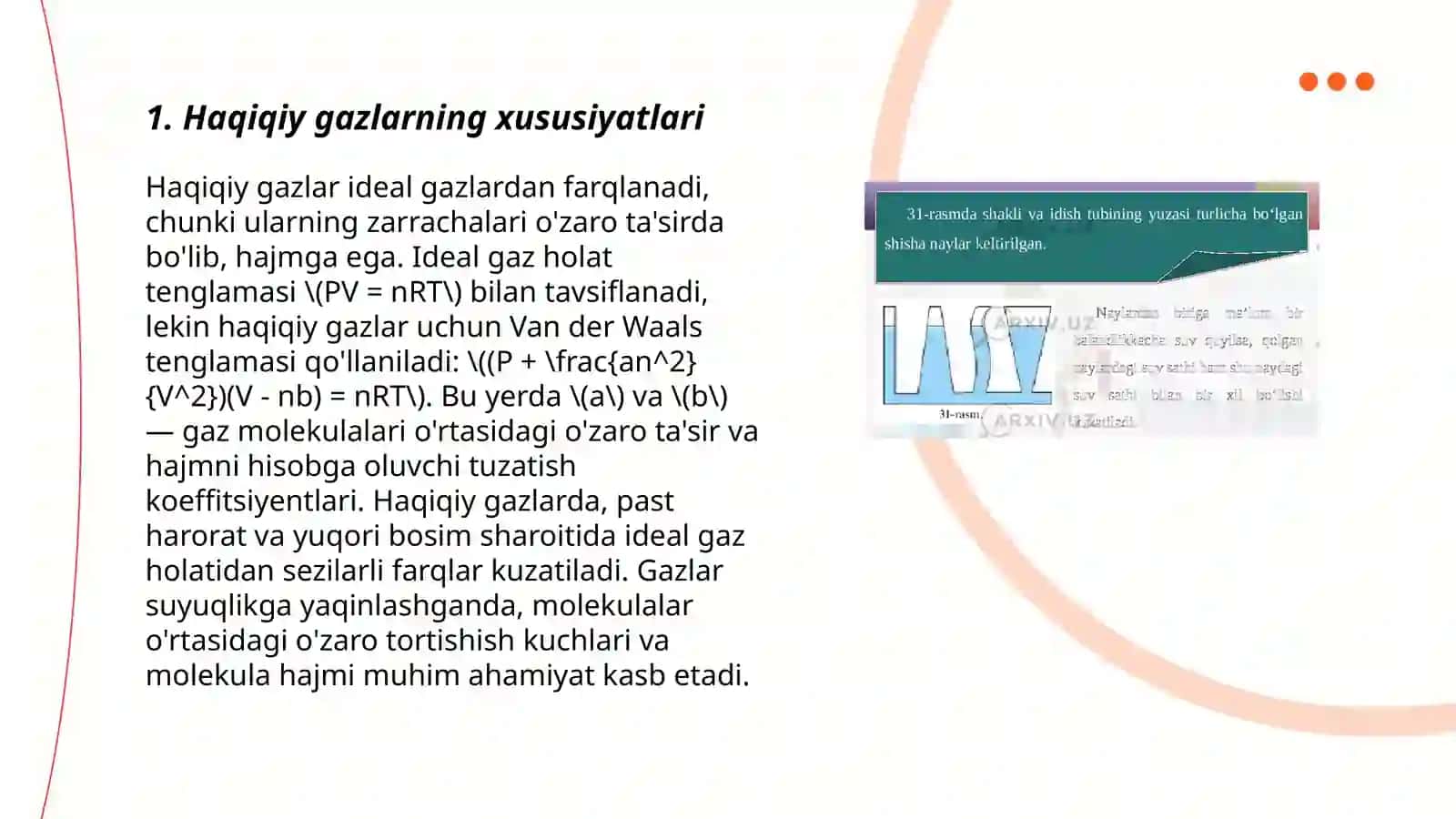Haqiyqiy gazlar. Van der Vaals tenglasi 3