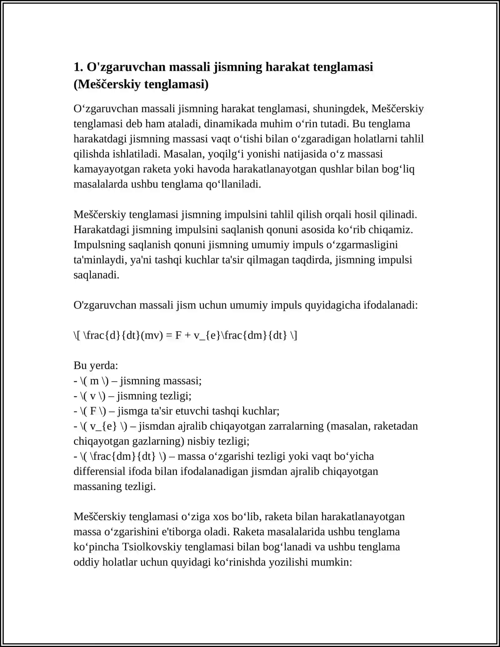 O'zgaruvchan massali jismning harakati 3