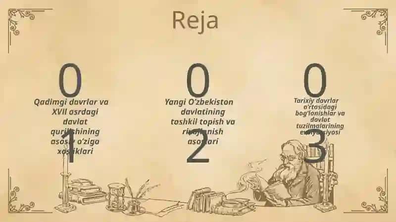 O’zbekistoning davlatchilik tarixi eng qadimgi davrdan yangi O’zbekiston davlatchiligi asoslari XVll asrdan davlatchiligidan Yangi O’zbekiston davlatchiligi. 3