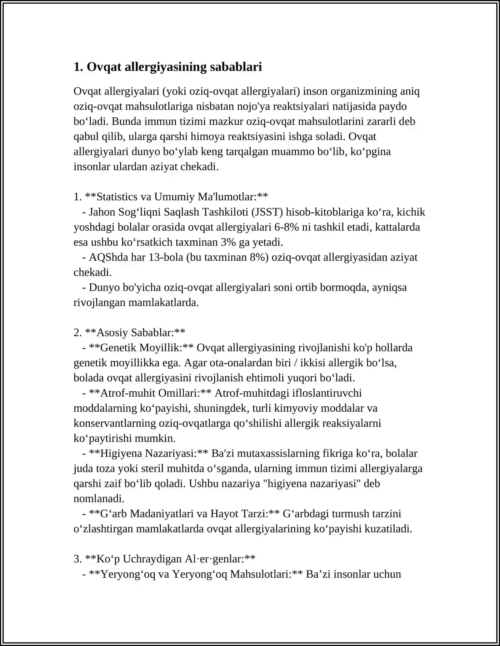 OVQATNI KO’TARA OLMASLIK.CHIN OVQAT ALLERGIYASI,PATOGENEZI,KLINIK KO’RINISHLARI,TASHXISOTI,DAVOLASH.OVQAT ALLERGIYASIGA TA’SIR ETUVCHI OMILLAR 3