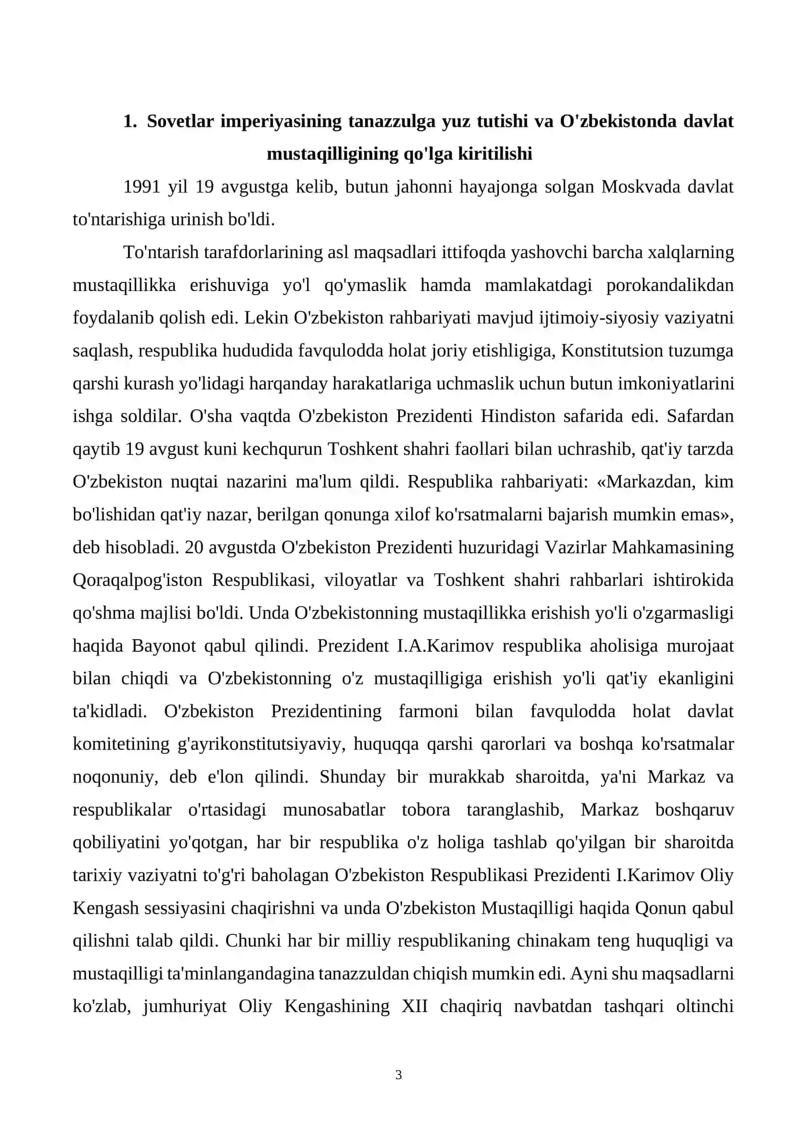 O'zbekiston mustaqilligining qo'lga kiritilishi, o'zbek xalqi davlatchiligidagi yangi bosqich 3