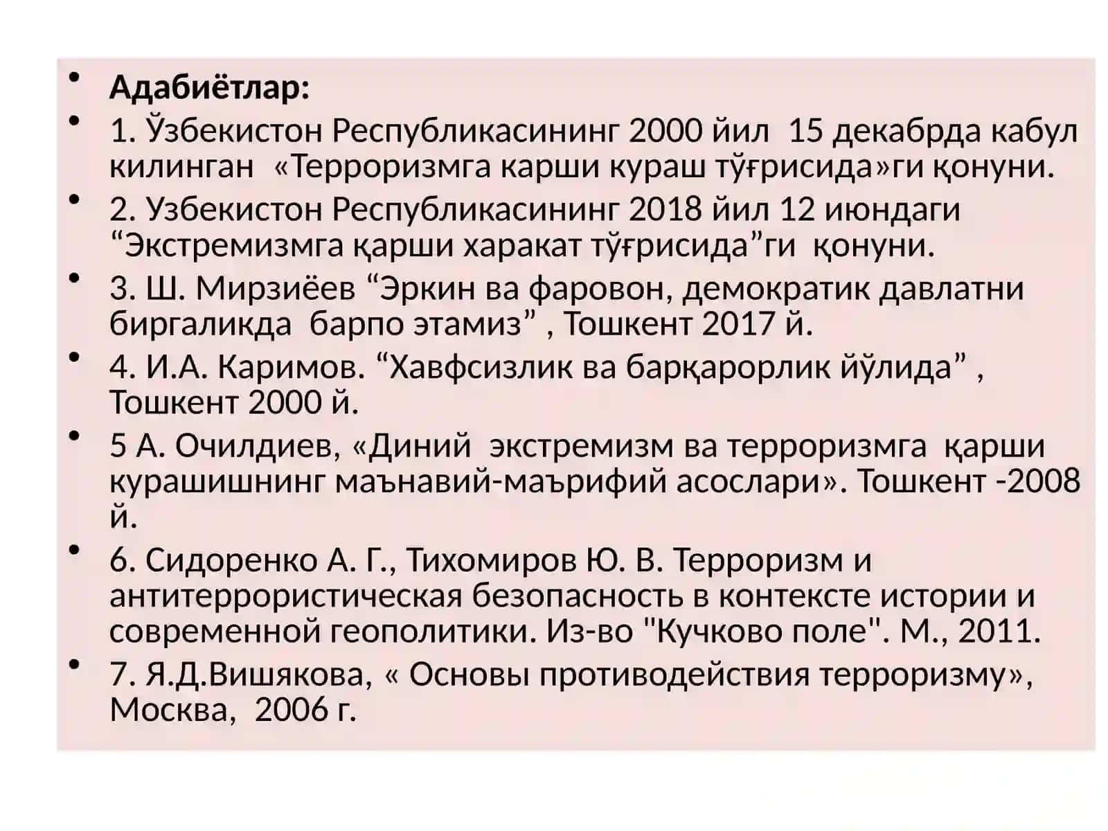 Ўзбекистонреспубликасининг2000 йил 15 декабрдаги “Терроризмга қарши кураш тўғрисида”ги қонуннингмазмун-моҳияти 3