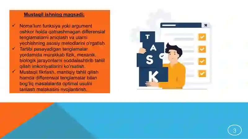 Tartibi pasayadigan differensial tenglamalar.Noma'lum funksiya yoki argument oshkor holda qatnashmag 3