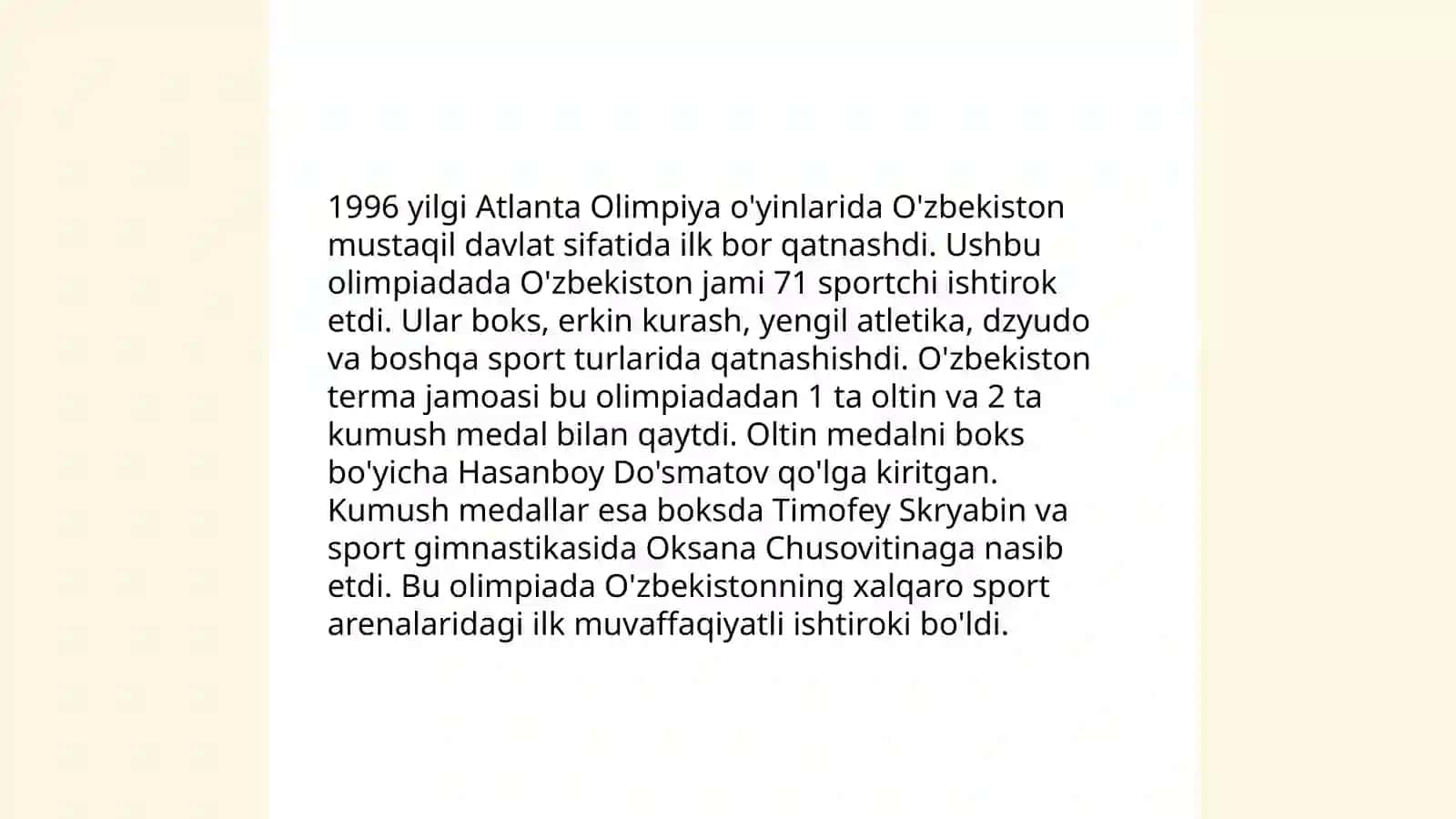 O'zbekiston sportchilarining1996-hozirgi davirgacha o'tkazilgan olimpiya o'yinlaridagi yutuqlari 3