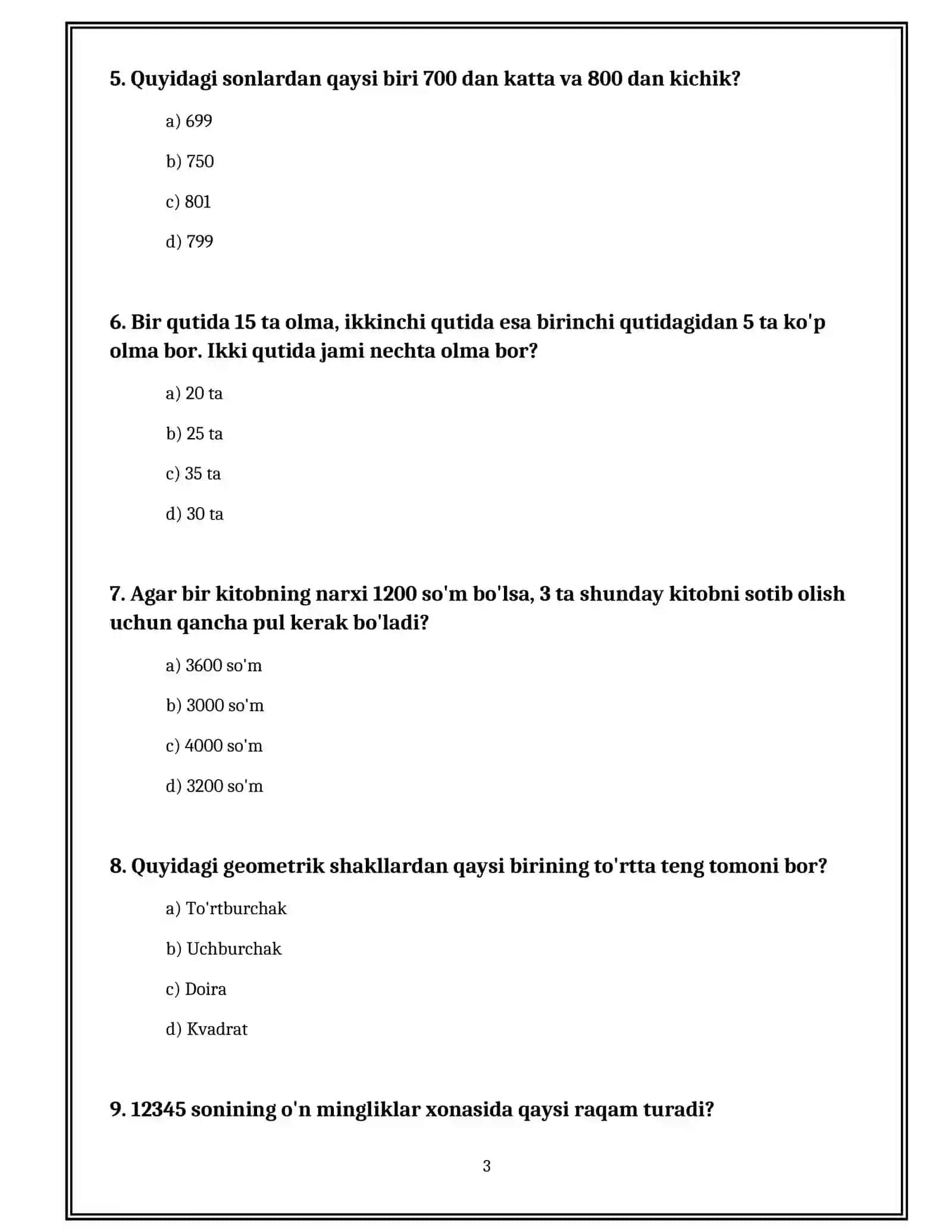 3–sinf matematika Olimpiada testlari. 3