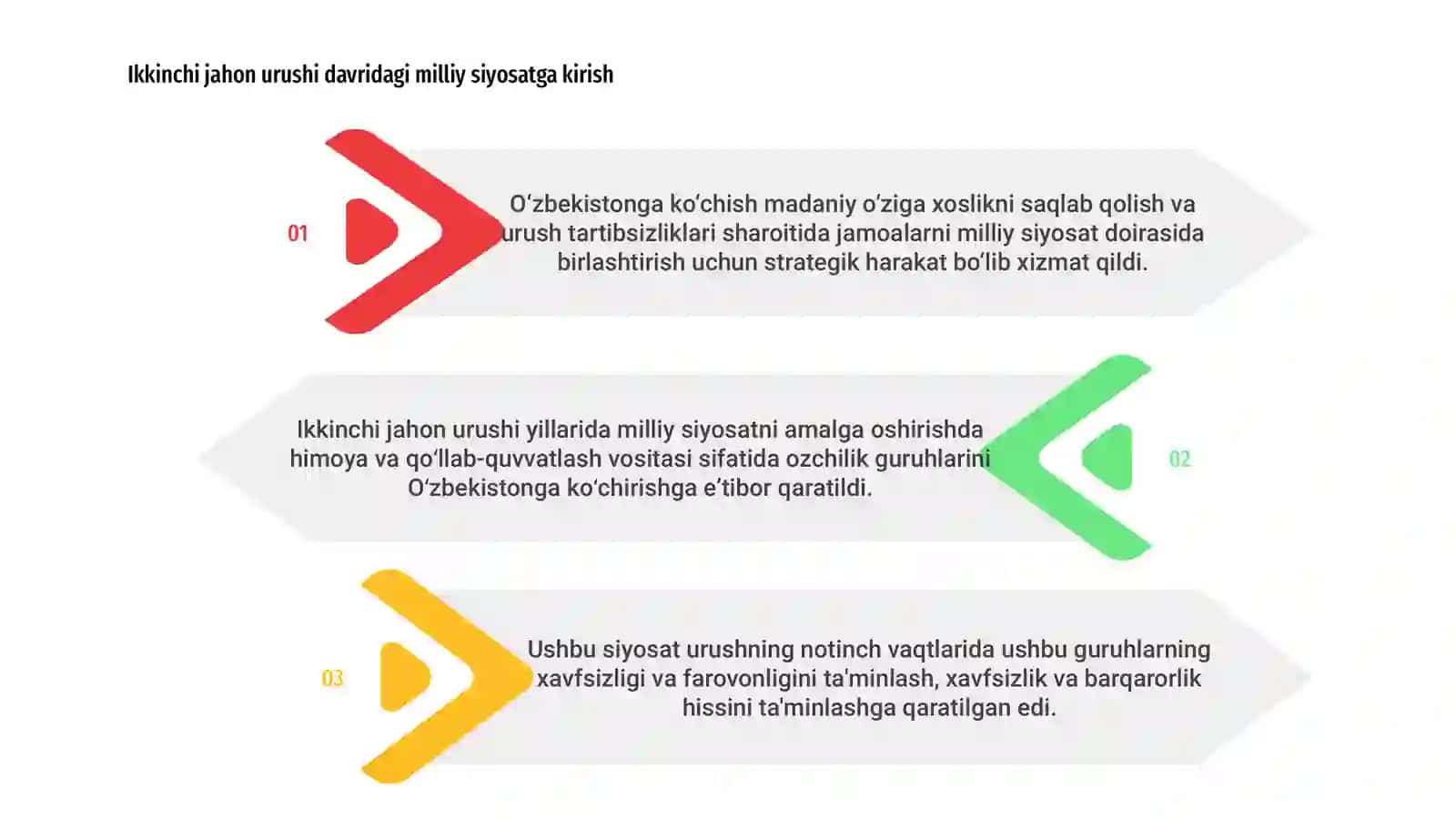 Ikkinchi Jahon urishi yillarida milliy siyosat amalga oshirilishi Oʻzbekistonga koʻchirish siyosati 3