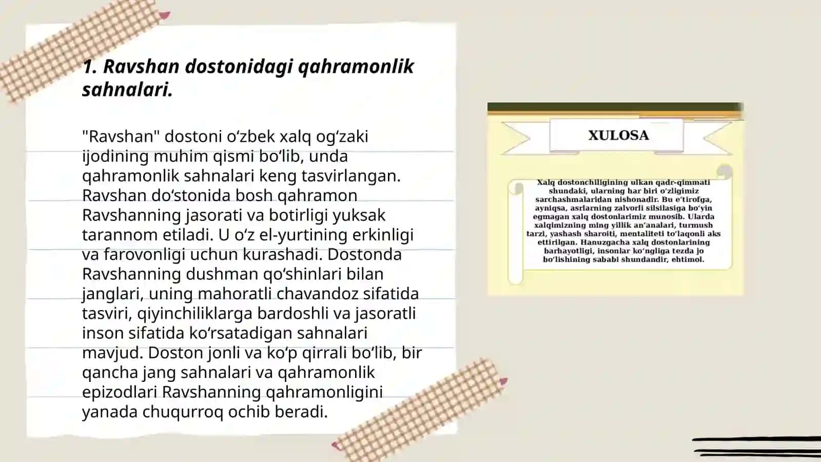 Ravshan dostonidagi qahramonlik sahnalarini tahlil qiling. Xalq ertaklari va dostonlaridagi tushlarning badiiy vazifasi va semantikasini "Alpomish " va" Go‘ro‘g‘li" dostonlari hamda bir qator ertaklar misolida qiyosan tahlil qiling 3