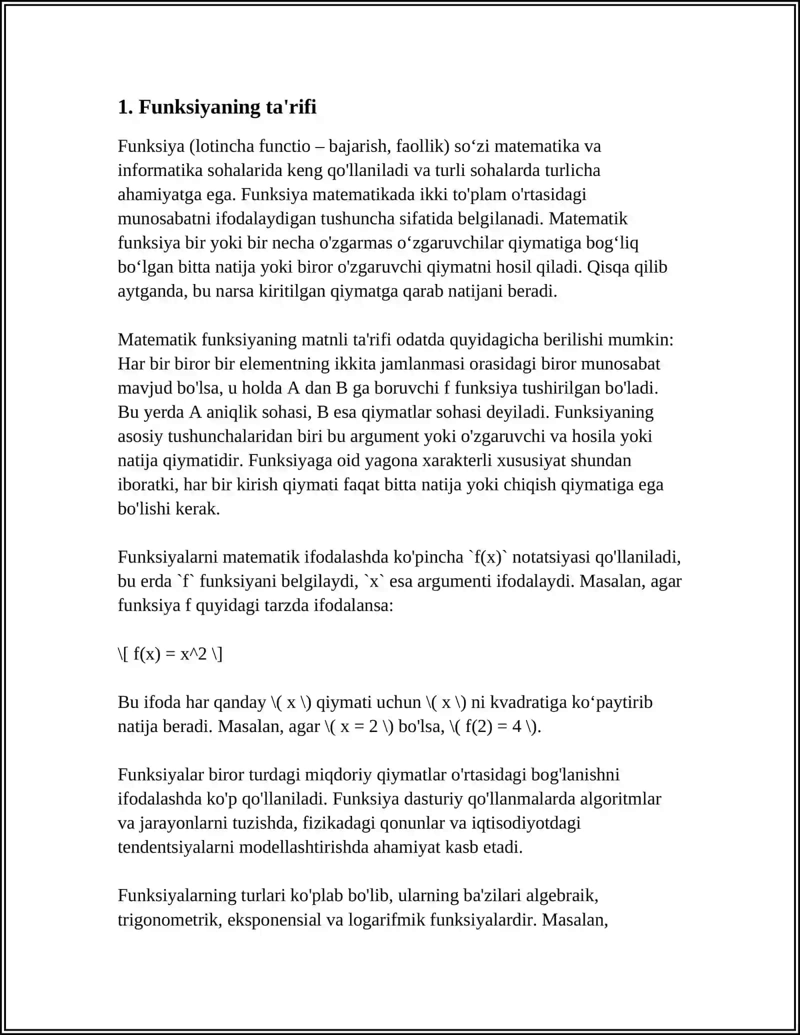 MUSTAQIL ISH Mavzu: FUNKSYA TUSHINCHASI VA UNING XOSSALARI 3