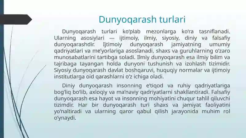 Dunyoqarash tushunchasi, uning turlari.Yangi Oʻzbekiston-yangi dunyoqarash 3