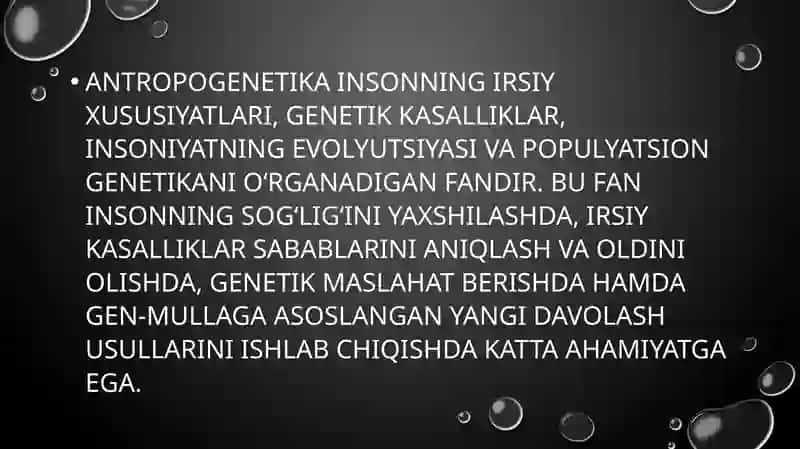 ANTROPOGENETIKA.ODAM IRSIYATINI O’RGANISH USULLARI GENEOLOGIK ,EGIZAKLAR ,POPULATSION ,SITOGINETIK ,DERMATOGLIFIKA,BIOKIMYOVIY.PRENATAL DIAGNOSTIKA 3