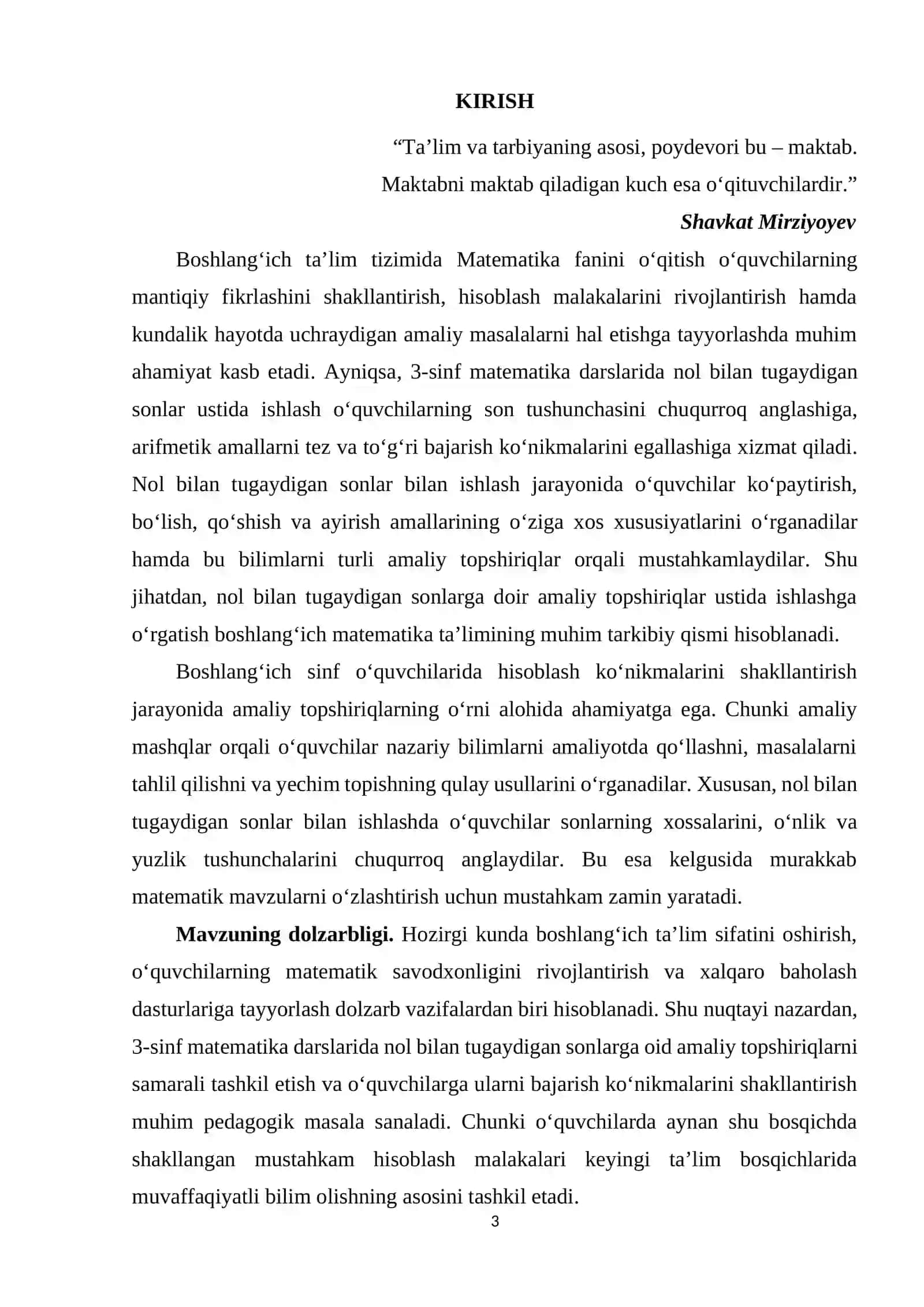 3-sinf matematika darslarida nol bilan tugaydigan sonlarga doir amaliy topshiriqlar ustida ishlashga o’rgatish 3