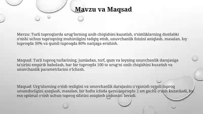Urug'larning turli tuproqlarda unishini tajribada kizatish va natijalarni javdalga kiritish 3