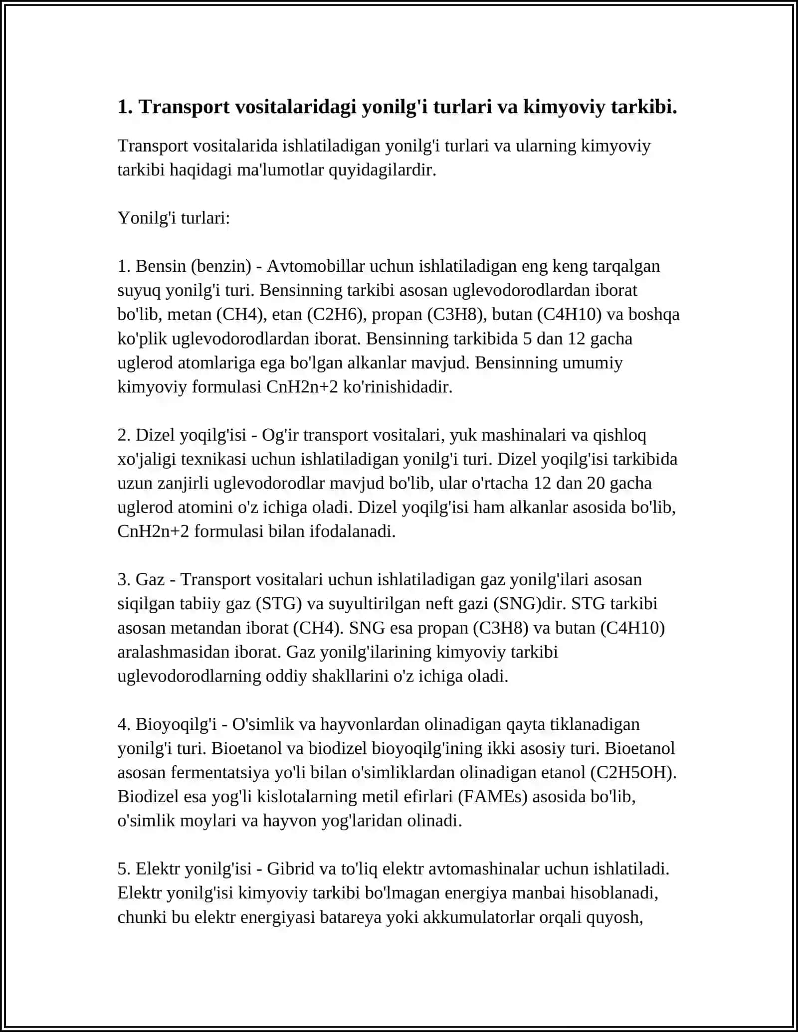 TRANSPORT VOSITALARIDA ISHLATILADIGAN KIMYOVIY BIRIKMALAR. OʻZBEK KIMYOGARLARI. ULARNING YUTUQLARI 3