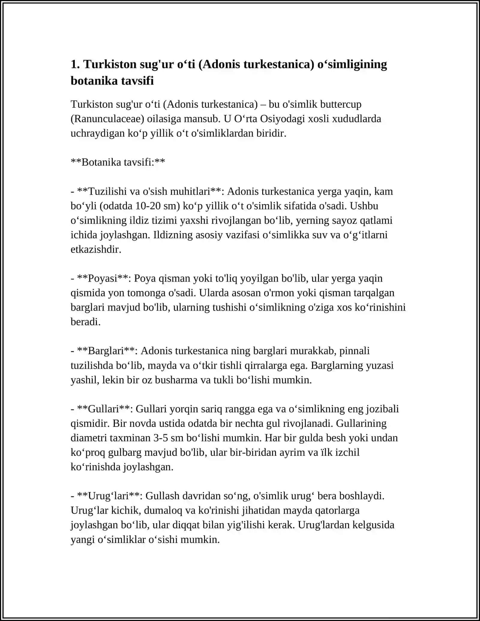 TURKISTON SUG'UR ŌTI (ADONIS TURKESTANICA) NI TARQALISH EKOLOGIYASI TIBBIYOTDA QŌLLANILISHI 3
