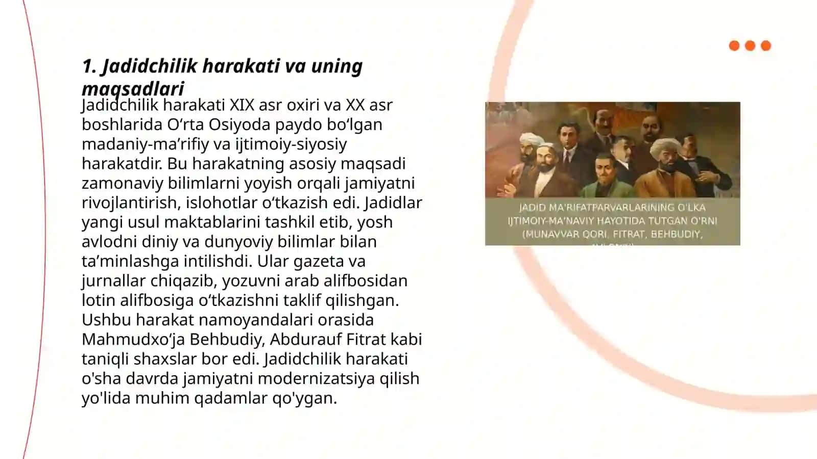 Jadid maʼrifatparvarlarining oʻlka ijtimoiy - maʼnaviy hayotida tutgan oʻrni (Munavvar Qori,Fitrat Behbudiy, Avloniy va boshqalar) 3
