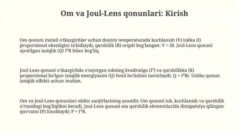Om va Joul-Lents qonunlari diffresiyal va integral kornishi 3