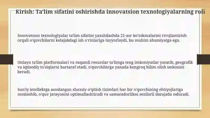 Innovatsion texnologiyalar ta'lim sifatini oshirish manbai sifatida 3
