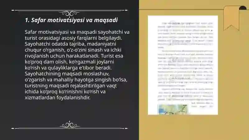 Sayohatchi va turistni ajratib turuvchi asosiy farqlar nimalardan iborat 3