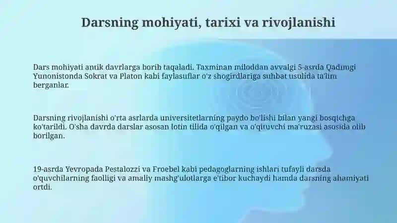Dars talimini tashkil etishning asosiy shahkli sifatida 3