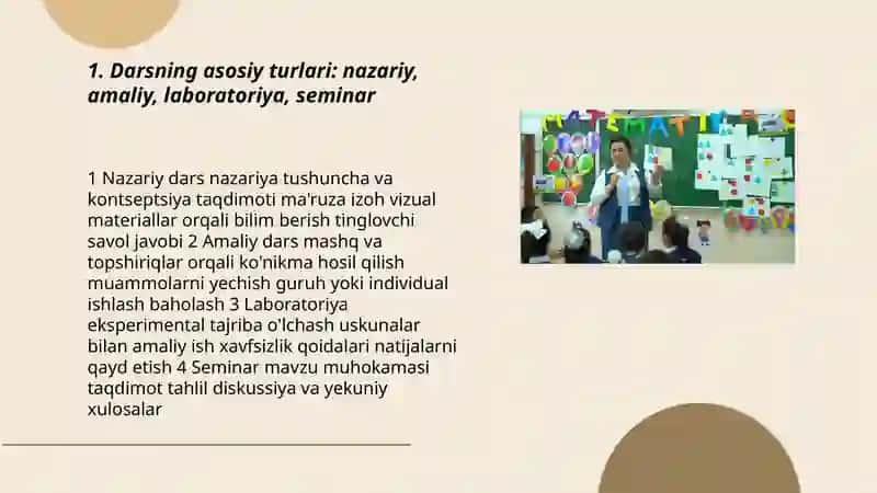 Darsning asosiy turlari: nazariy, amaliy, laboratoriya, seminar 3