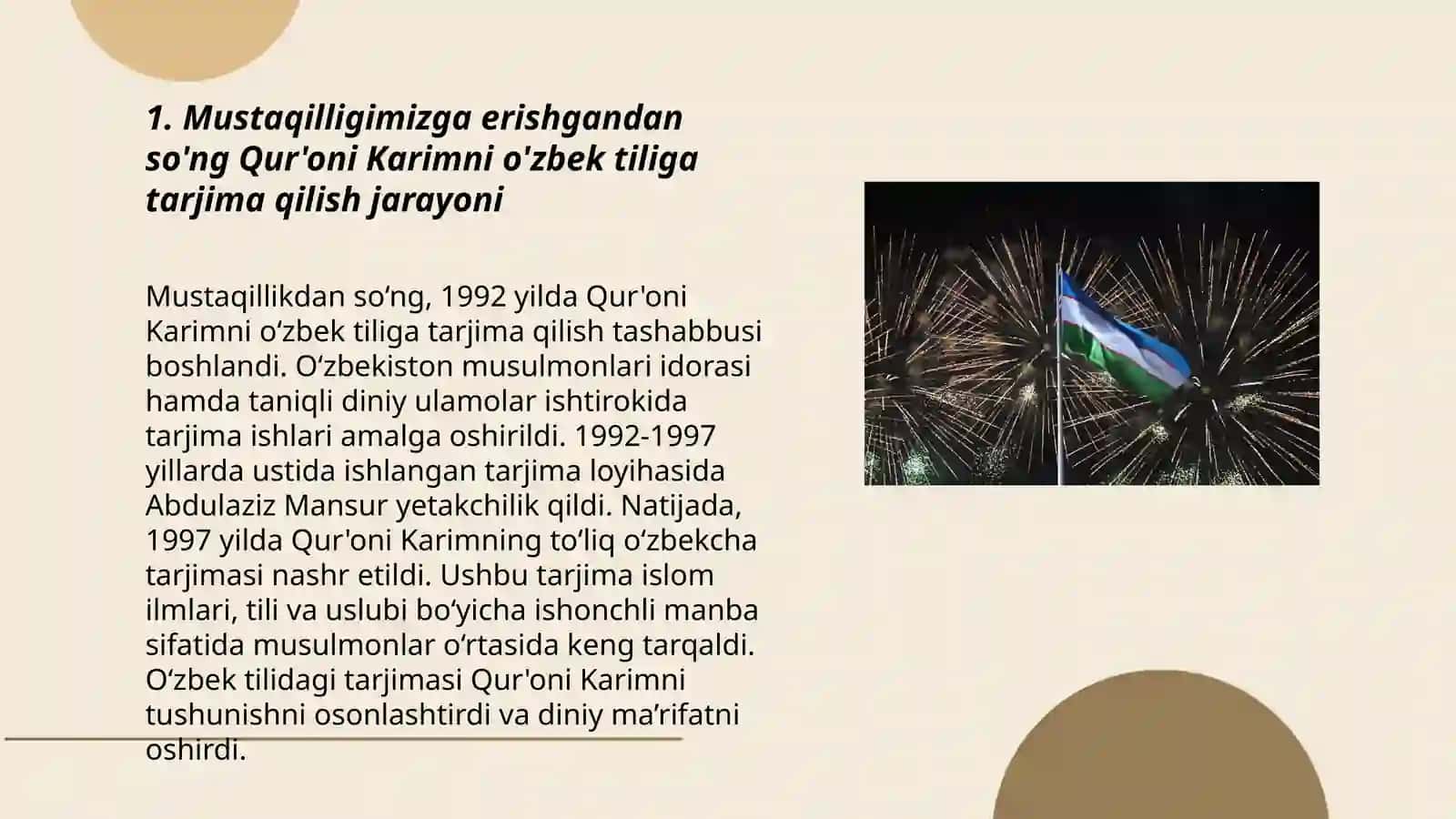 Mustaqillik yillarida quroni o'zbek tiliga tarjima qilinishi va tasfirlari haqida 3