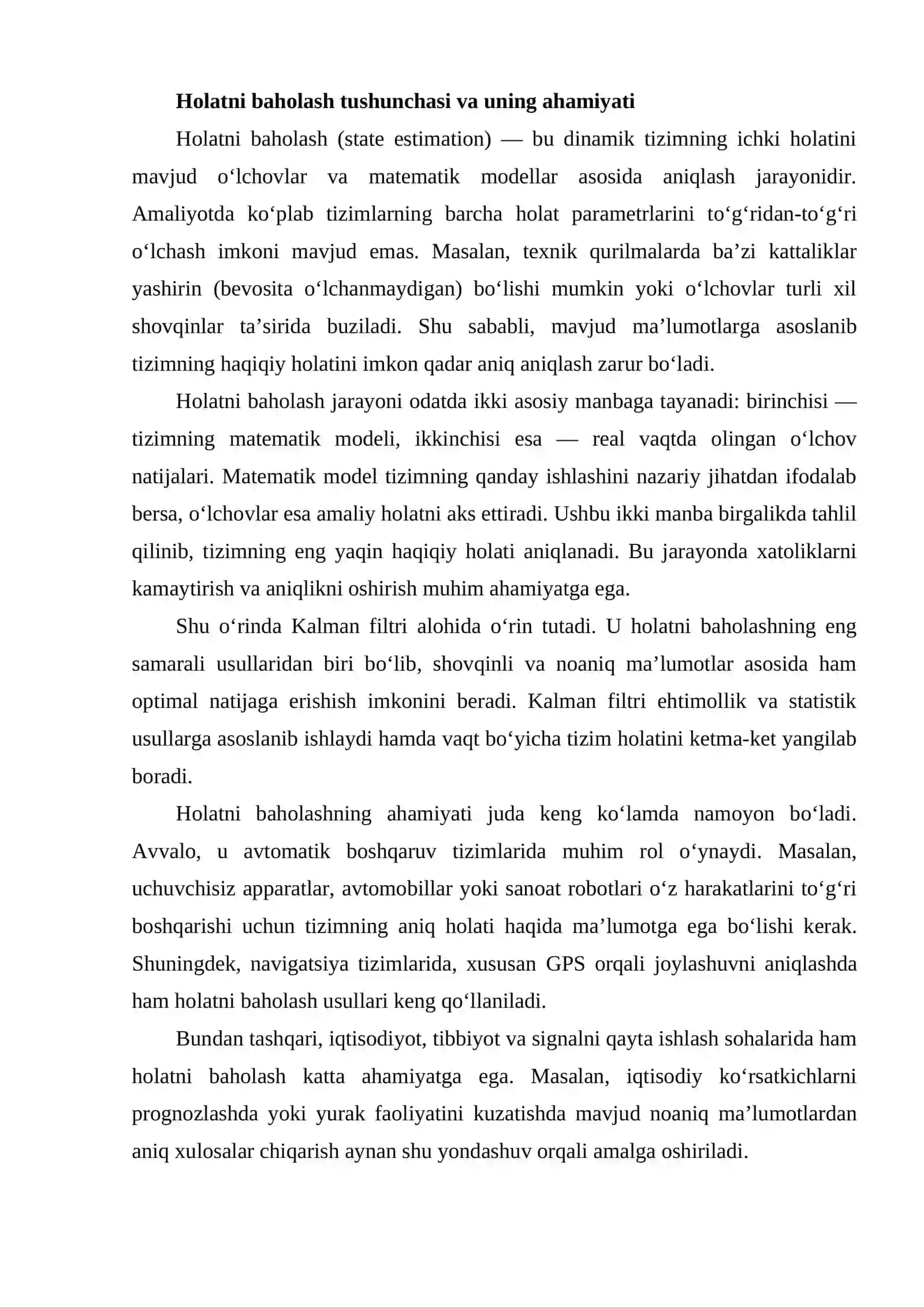 Kalman filtri va holatni baholash 3