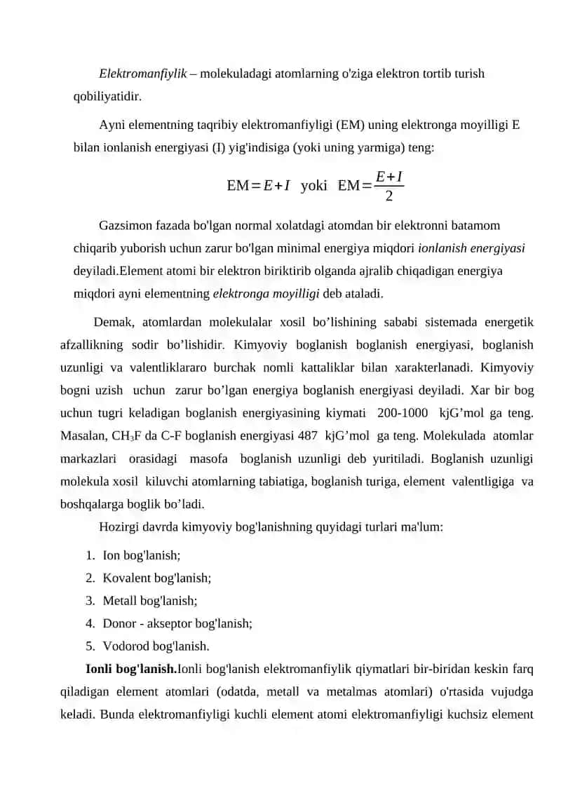 Molekulalar tuzilishi.Kimyoviy bog'lanish. Kovalent ion metal vodarod bog’lanishlar 3