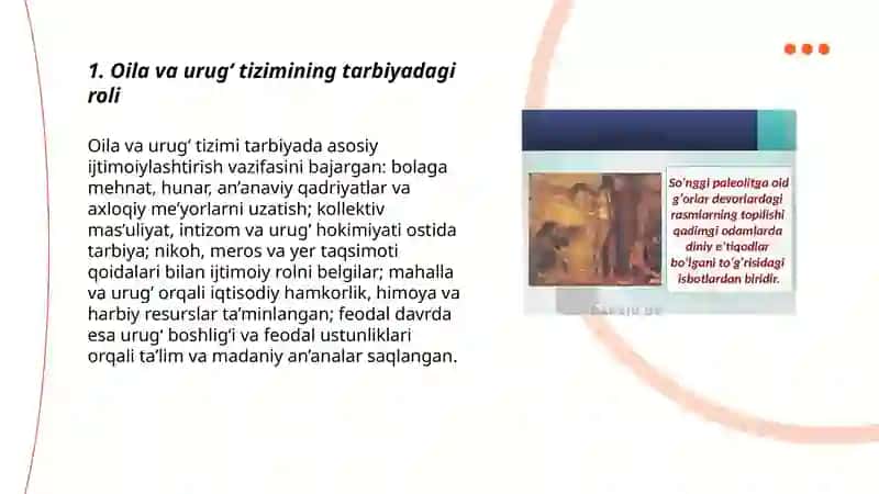 Ibtidoiy jamiyatda va quldorlik tizimida, feodalizm davrida tashkil etilgan tarbiyaning oʻziga xos xususiyatlari 3