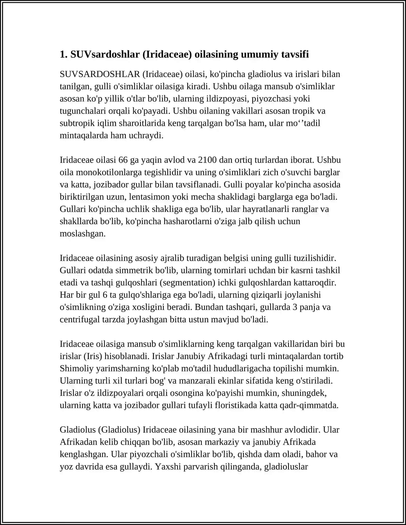 MUSTAQIL ISH Mavzu: SUVSARDOSHLAR (IRIDACEAE) OILASIDAGI TURLARI BIALOGIYASI EKALOGIYASI AREALI VA XALQ XO'JALIGIDAGI AHAMIYATI 3