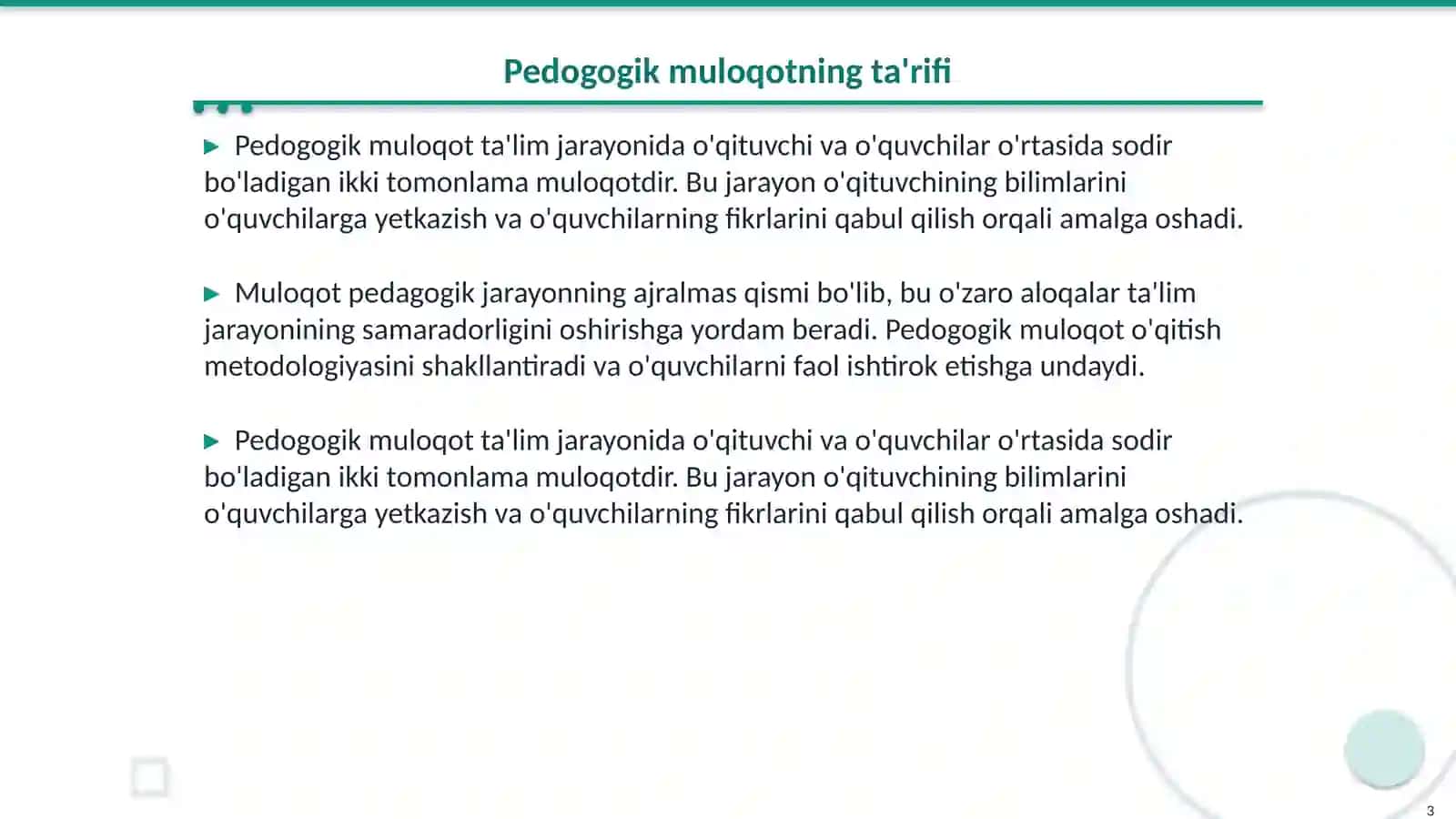 Pedogogik muloqot va pedogogik munosabatlar texnologiyasi 3