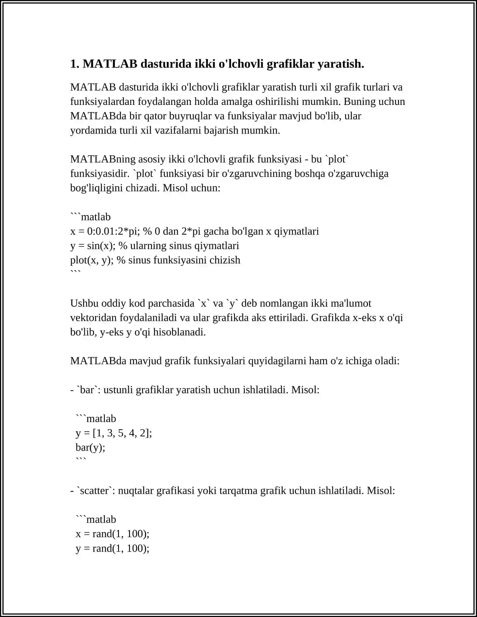 MATLAB GRAFIK TIZIMIDA IKKI O'LCHOVLI VA UCH O'LCHOVLI MA'LUMOTLARNI VIZUALIZATSIYA QILISH 3