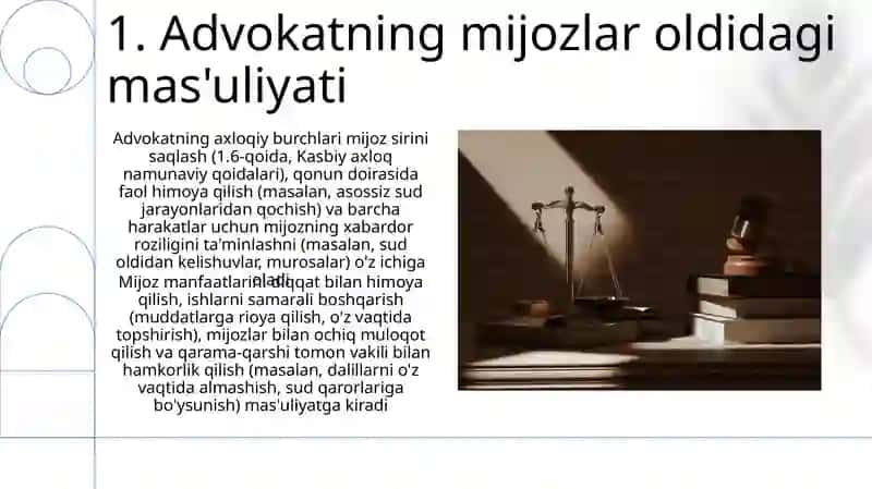 Adolat, kasbgu sadoqat, mas'ullyat va halollik-huquqshunos kashining muhim talablari 3