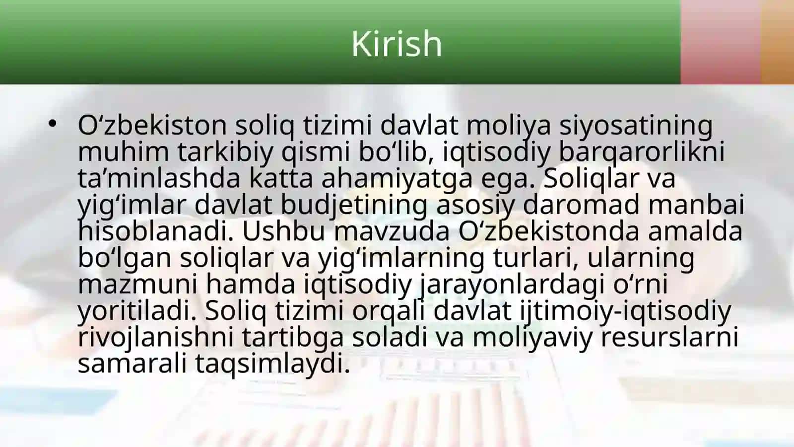 O'zbekiston soliq tizimida amalda boʻlgan soliqlar va yigʻimlar tavsif 3
